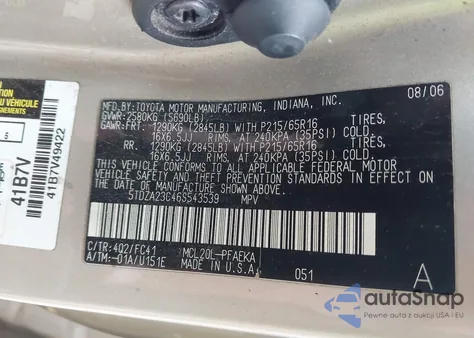 2006 Toyota Sienna Ce/Le из США, поврежденный, VIN 5TDZA23C46S543539